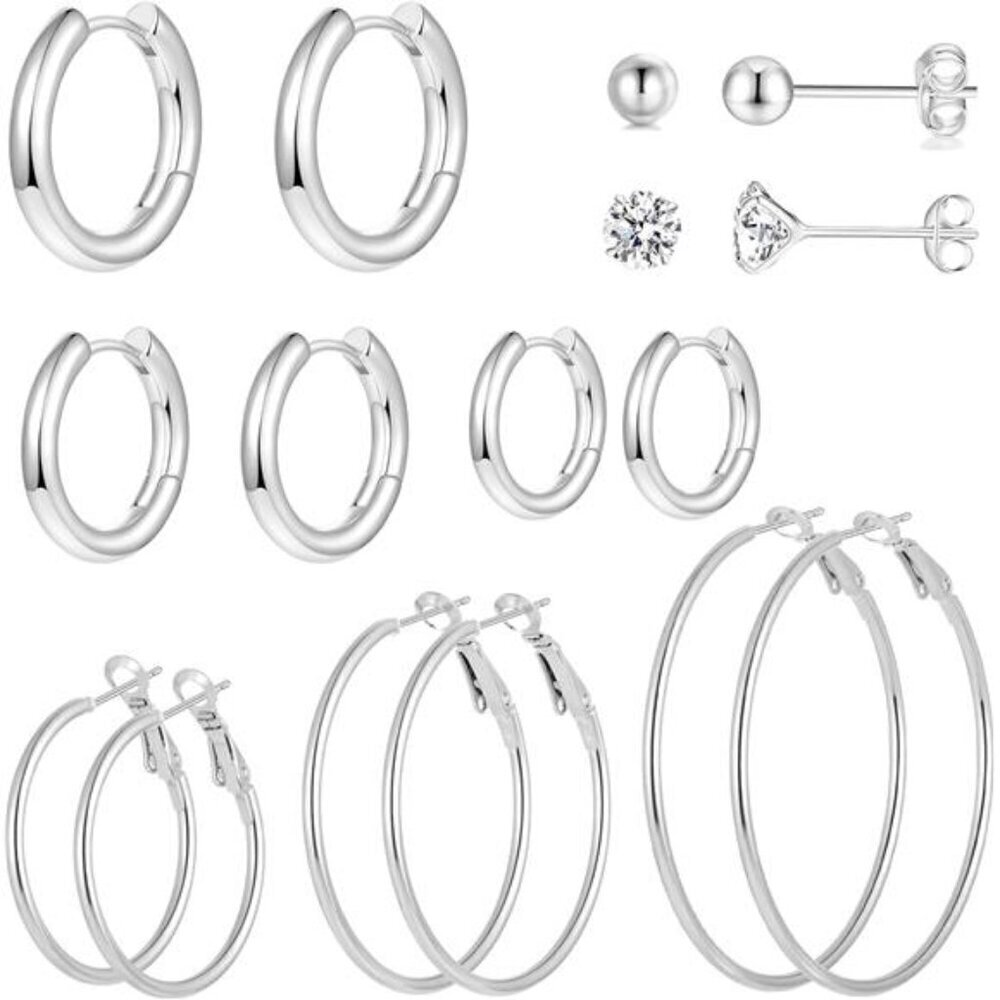 Silver Hoop & Stud Earring Set – 8 -Pair Classic Jewelry Collection Minimalist
